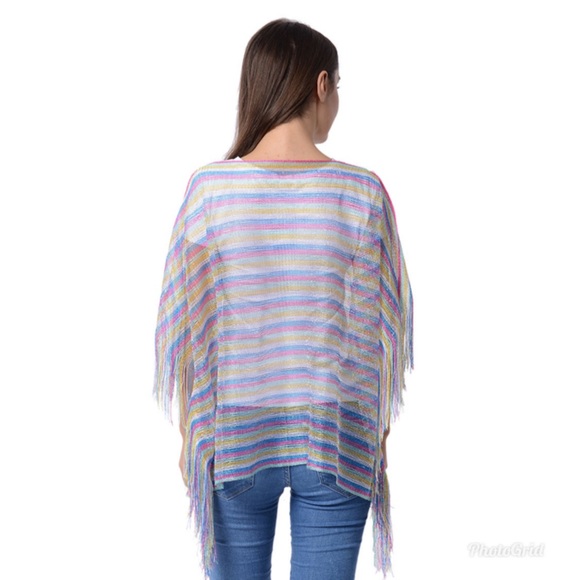 Multi Color Stripe Pattern Fringed Poncho - Picture 3 of 3